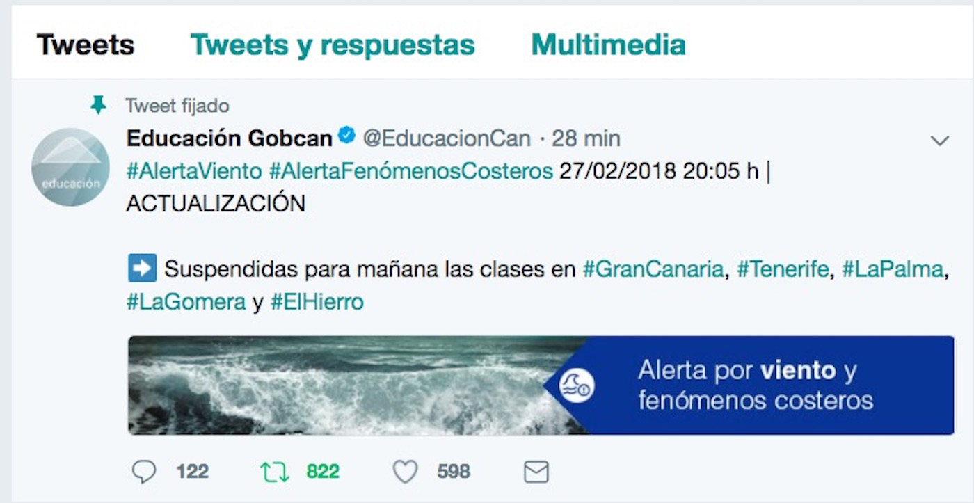 El Gobierno de Canarias suspende las clases para este miércoles ante la situación de Alerta por Viento y Fenómenos Costeros
