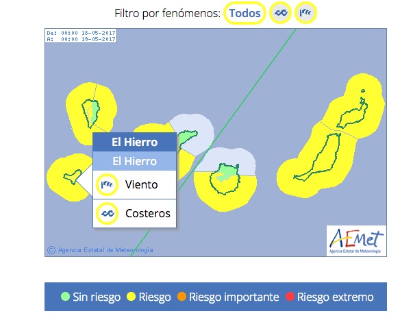 Aviso Amarillo por viento y fenómenos costero