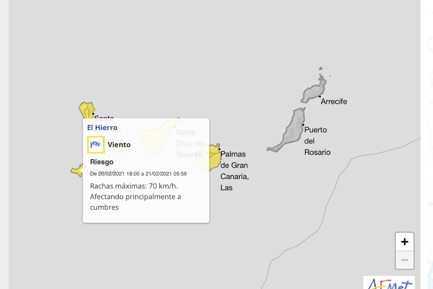 AEMET activa Aviso Amarillo por viento con rachas de hasta 70 km/h afectando principalmente a cumbres