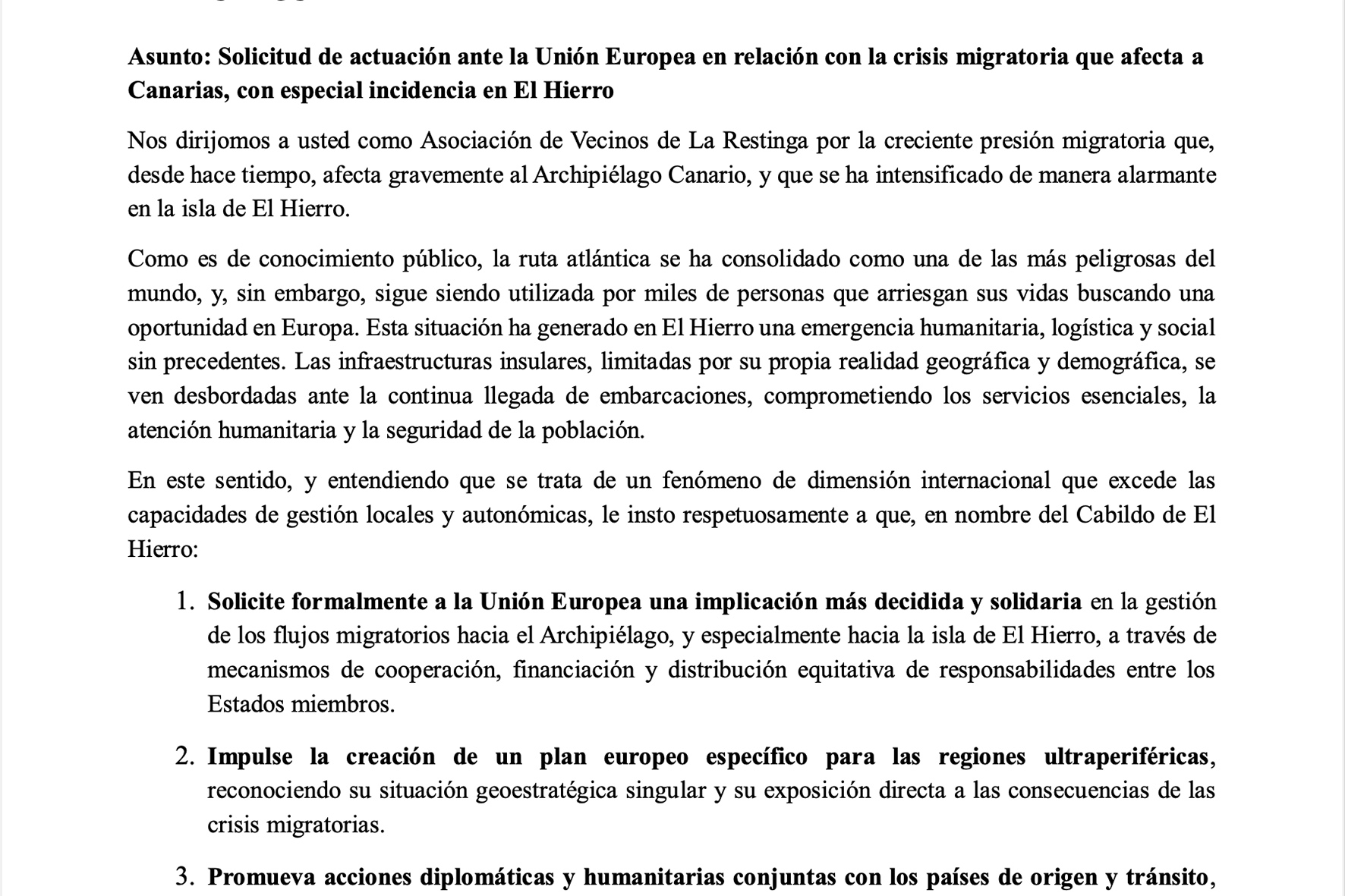 Carta de la Asociación de Vecinos de La Restinga, al Presidente del Cabildo de El Hierro