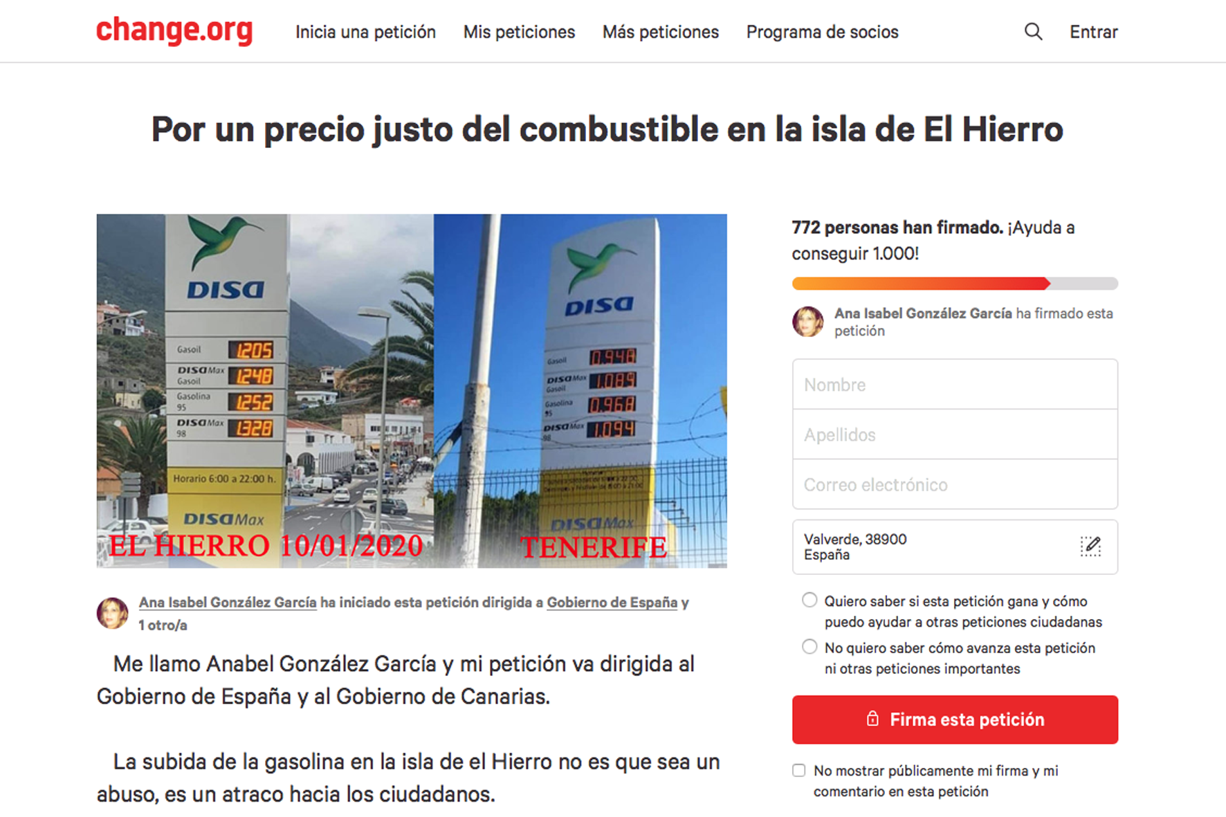 Se inicia una campaña en change.org contra el alto costo del combustible en El Hierro